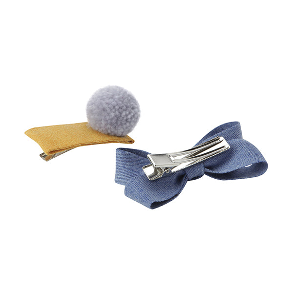 Pom Pom and Bow Hair Slides - Grey/Blue