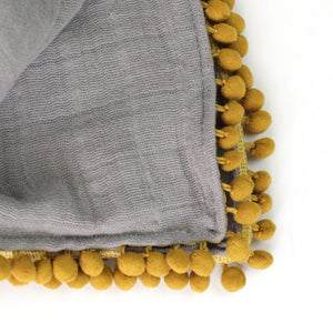 Muslin Pom Pom Stroller Blanket (Grey/Mustard)