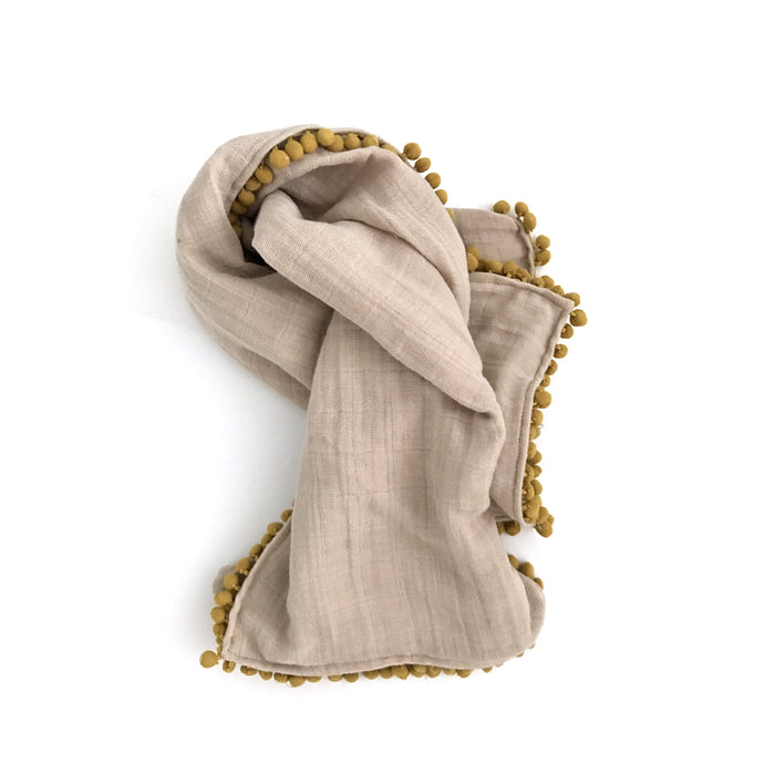 Muslin Pom Pom Stroller Blanket (Sand/Mustard)