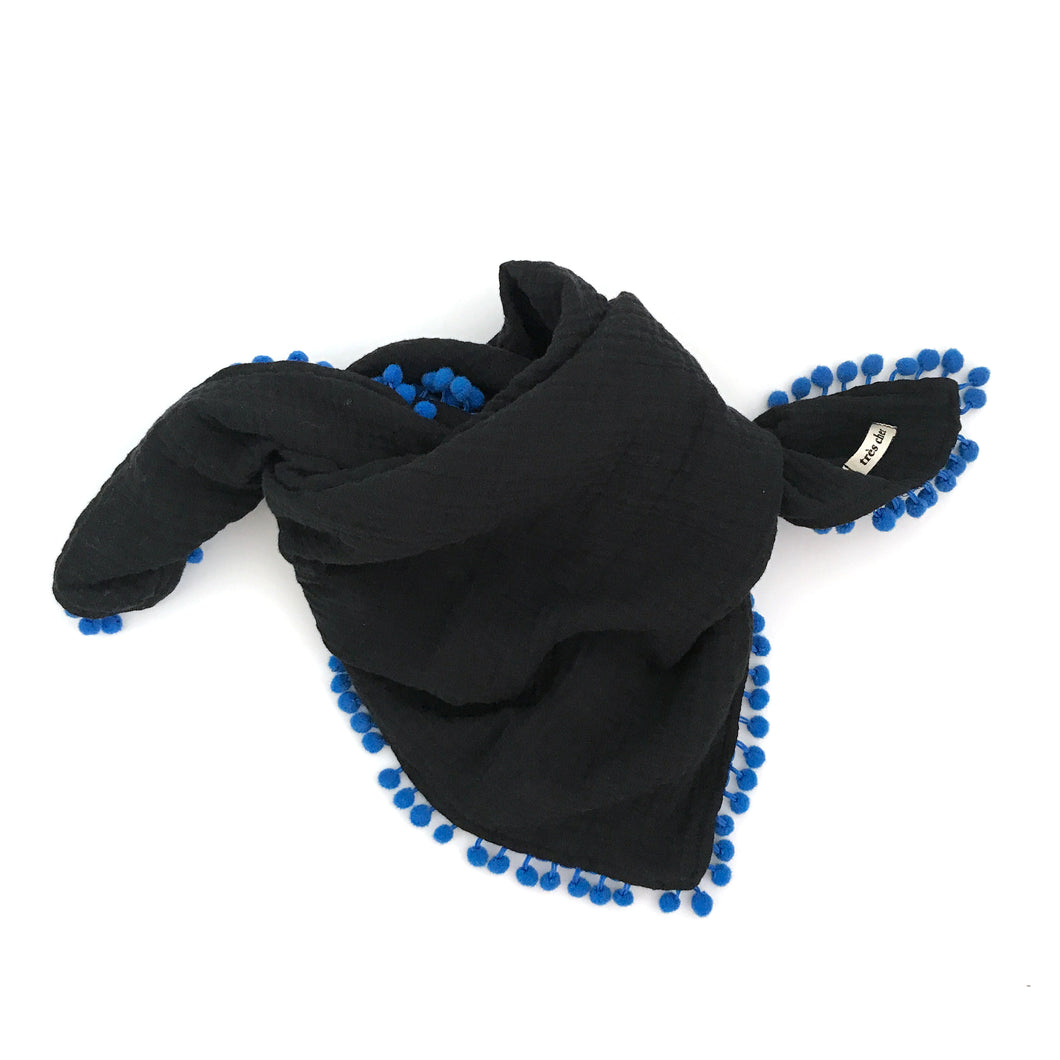 Triple Gauze Pom Pom Scarf  (blue)