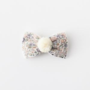 Floral bow with pom pom hair clips (pink)