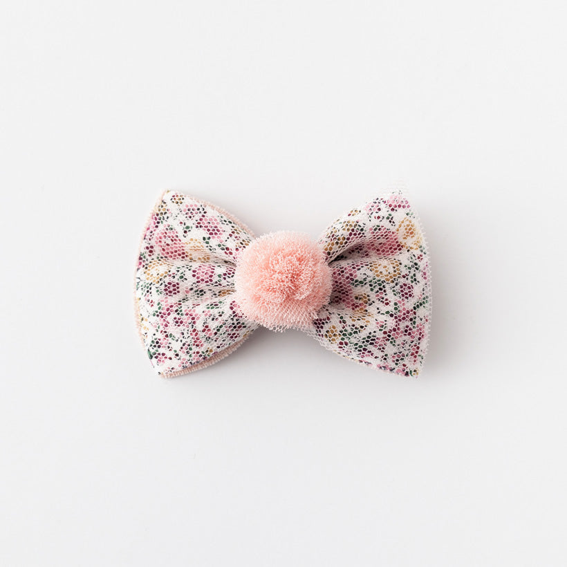 Floral bow with pom pom hair clips (pink)