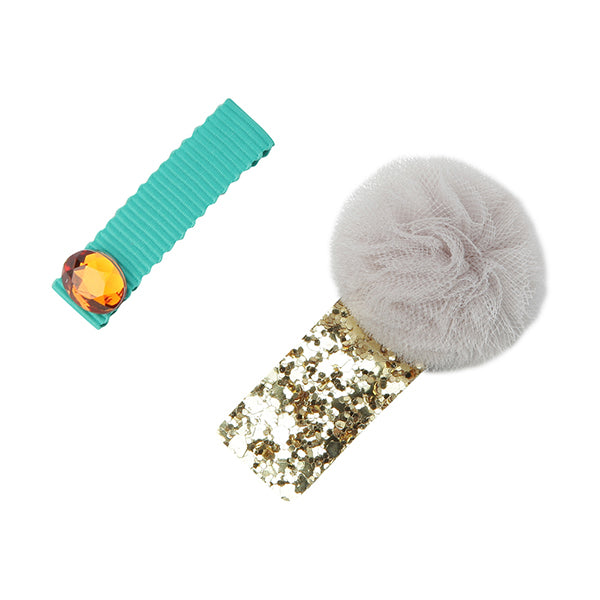 Pom Pom and Jewel Hair Slides - Grey/Gold
