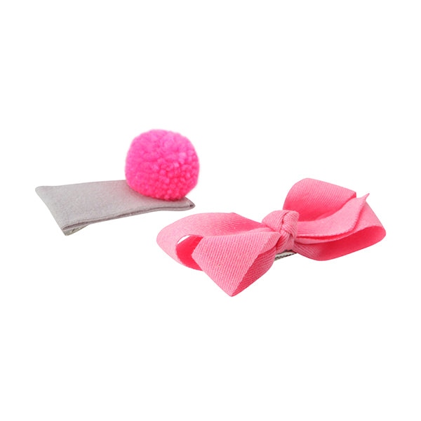 Pom Pom and Bow Hair Slides - Pink